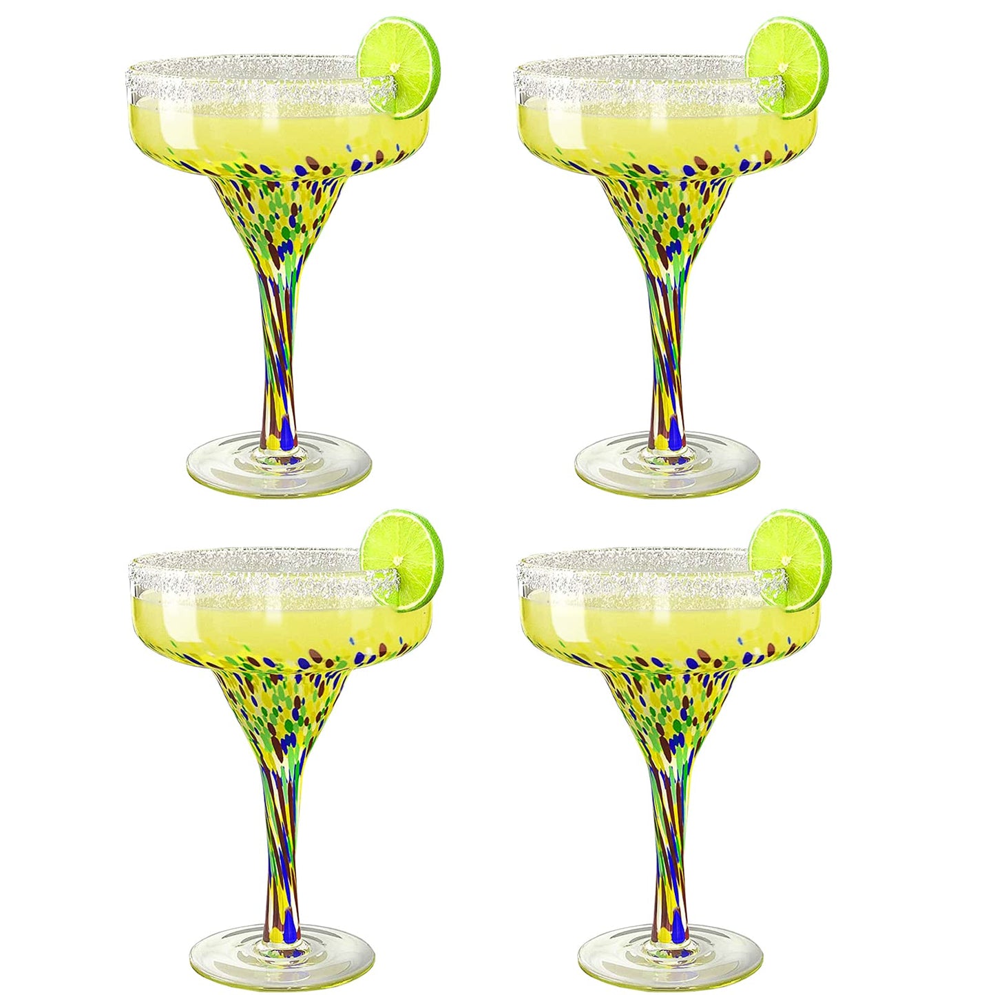 Margarita Glasses – Set of 4 - Luxury Hand Blown Confetti Margaritas, Cocktails, Water, Wine, Dessert, Martini & Champagne Cinco de Mayo, Hand Blown - Mexican Confetti Design Glass, Party, Home & Bar