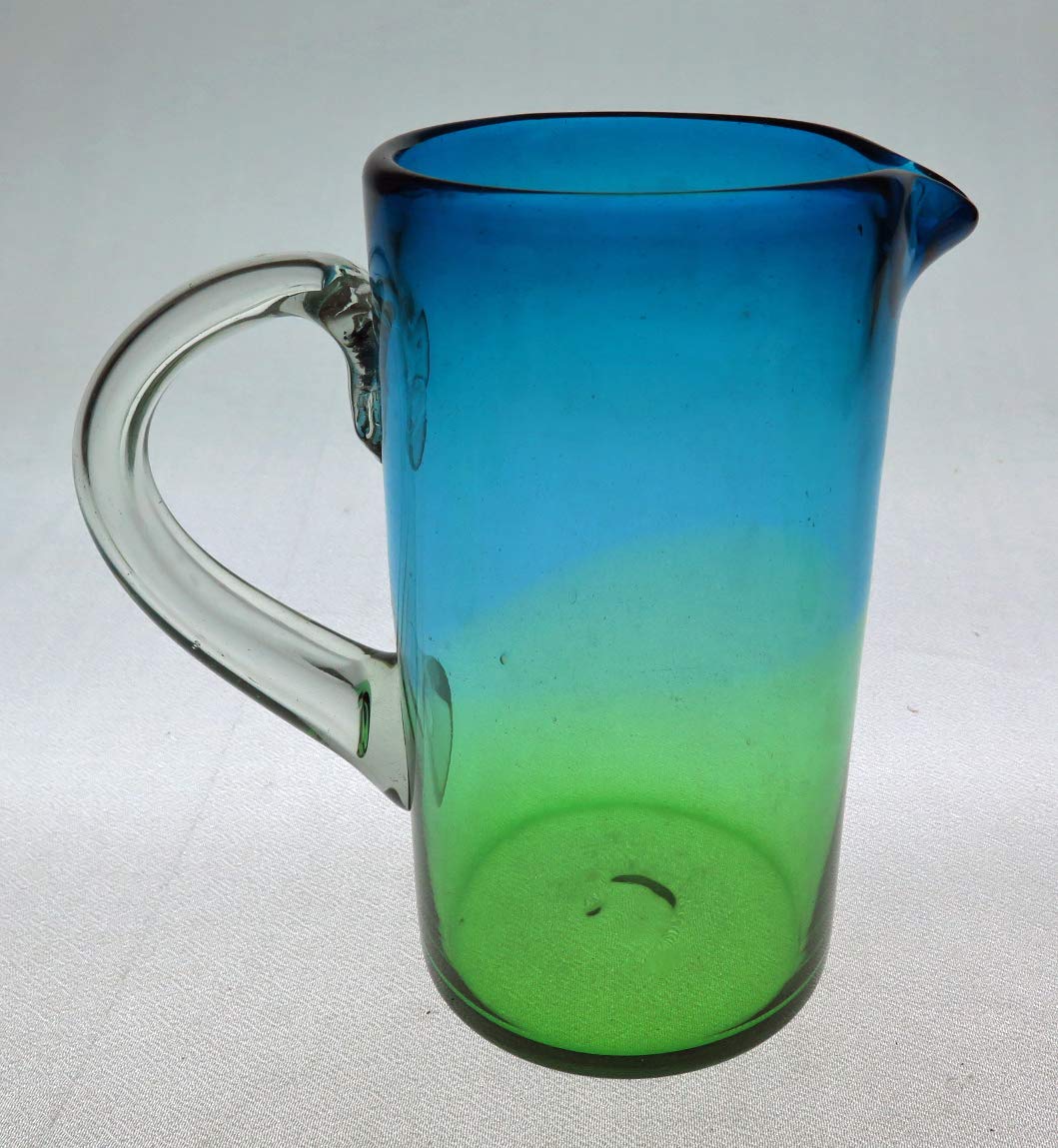 Mexican Glass Margarita or Juice Pitcher, Green and Turquoise Fade Design, Straight 64oz
