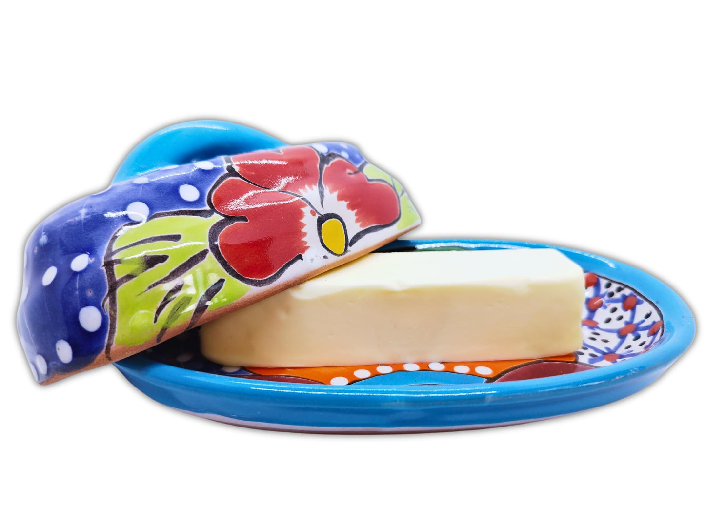 MEXTEQUIL - Butter Dish Ceramic Talavera with Lid Hand Painted Authentic Mexican Pottery Kitchen Floral Design (Aqua)