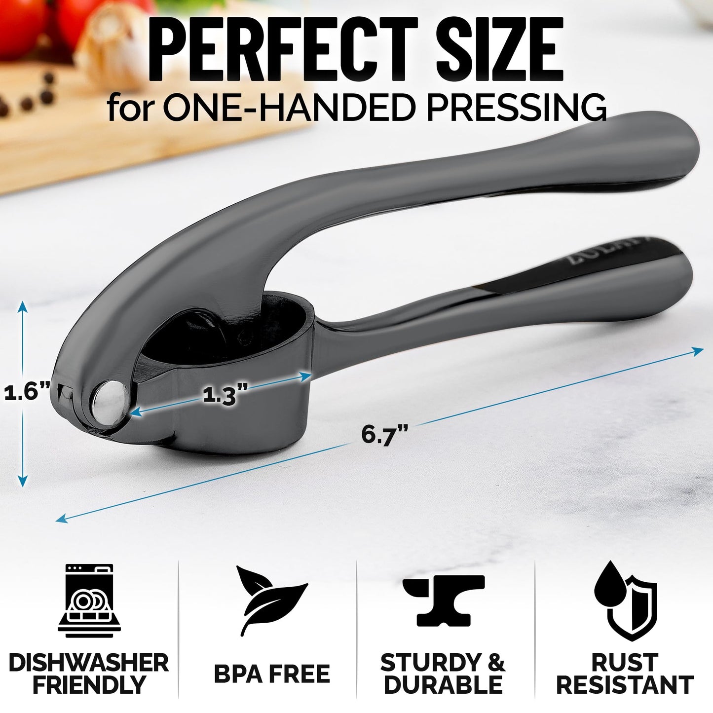 Zulay Kitchen Premium Garlic Press Set - Rust Proof and Dishwasher Safe Professional Garlic Mincer Tool - Easy-Squeeze, Easy-Clean with Soft, Ergonomic Handle - Silicone Garlic Peeler and Brush-Dark Gray