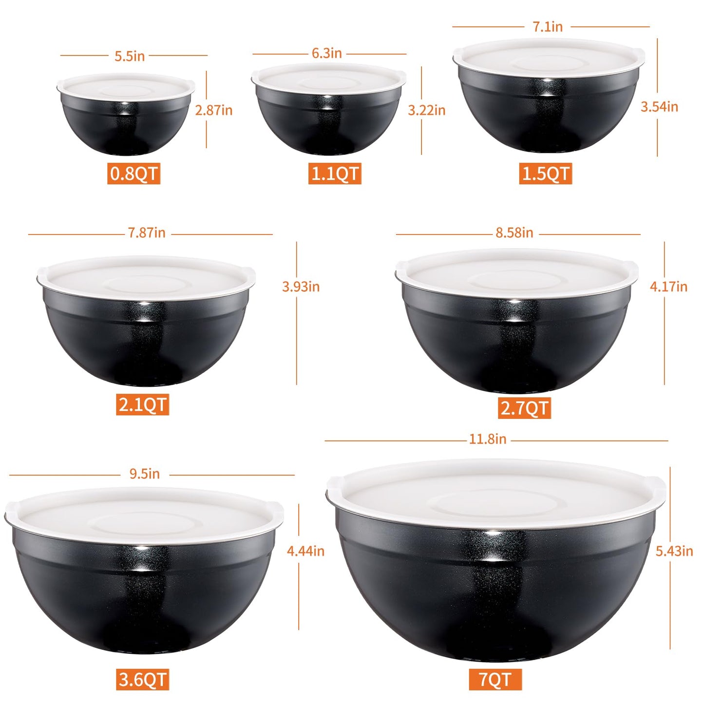 Moxinox Black Mixing Bowls with Airtight Lids, Stainless Steel Nesting Mixing Bowls Set of 7, Ideal for Baking, Prepping and Serving Food, Size 7, 3.6, 2.7, 2.1, 1.5, 1.1,0.8 QT, Stackable Design