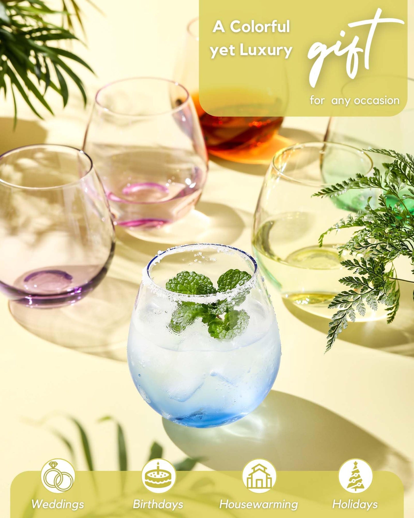 ColoVie Stemless Wine Glasses Set of 6, Large Colored Wine Glasses, Short Wine Glass Set for Red Wine, White Wine, No Stem Margarita Glasses, 15 oz