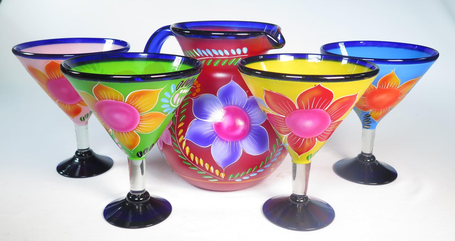 Eye4Art Hand-Blown and Hand-Painted Mexican Margarita Glasses and Pitcher (5-Piece Set)