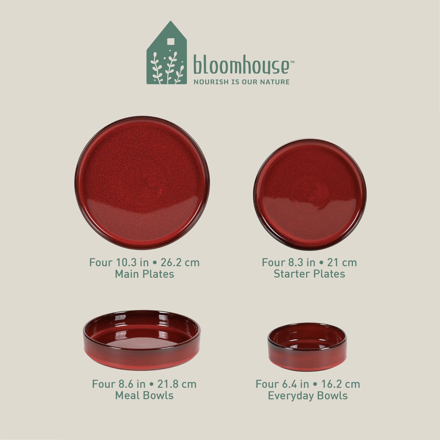 Bloomhouse - Oprah's Favorite Things - Santorini Mist Double Bowl Terracotta Reactive Glaze Plates and Bowls Dinnerware Set - Garnet Red, Service for Four (16pcs)