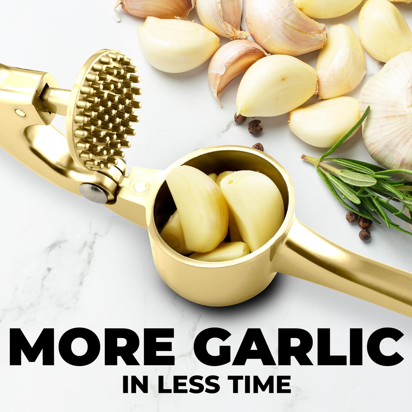 Zulay Kitchen Large Premium Garlic Press Set - Bigger Bowl for Bigger Garlic - Rust Proof and Dishwasher Safe Garlic Mincer Tool - Easy-Squeeze, Easy-Clean Silicone Garlic Peeler and Brush (Gold)