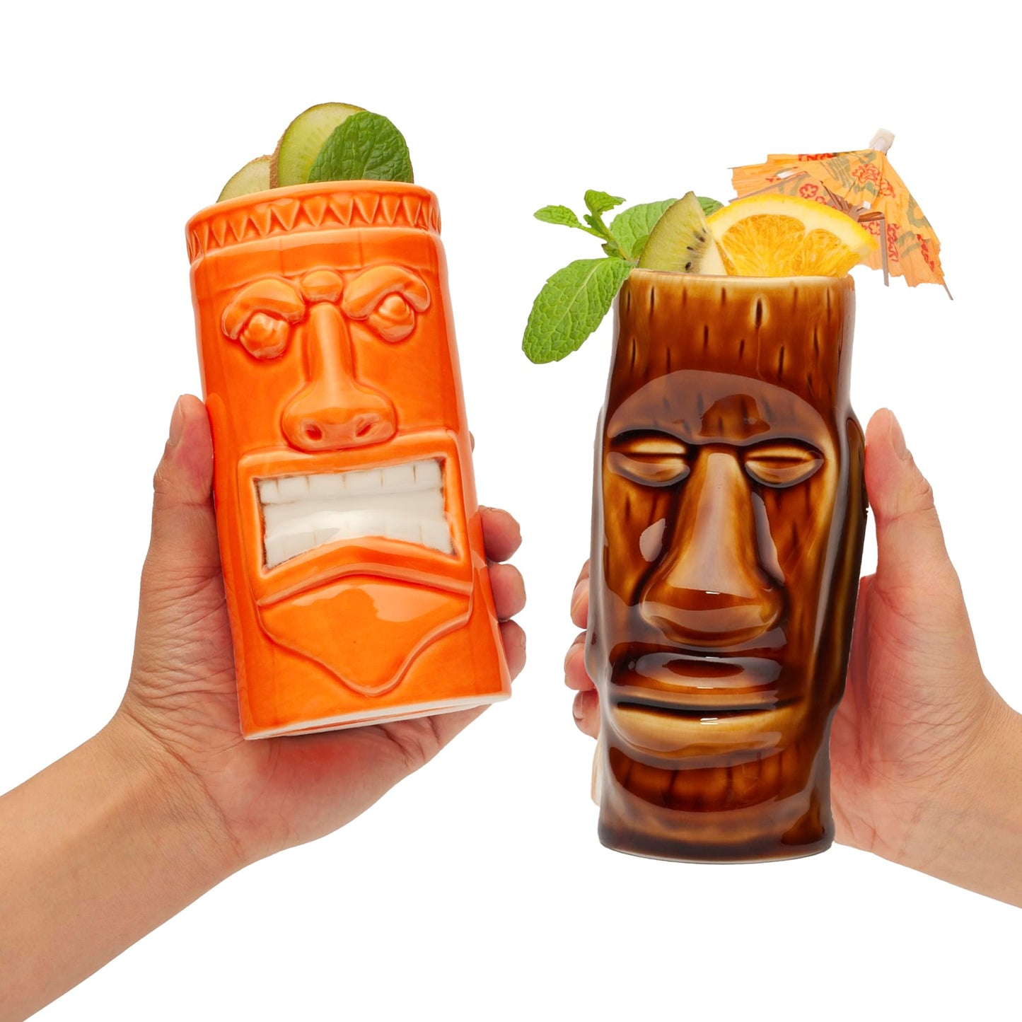 LEMONSODA Hard-Carved and Hand-Painted Tiki Mugs - Set of 8 - Ceramic Hawaiian Luau Party Mugs Drinkware, Cute Exotic Cocktail Glasses, Tiki Bar Hawaiian Party Barware - 18-23.5oz