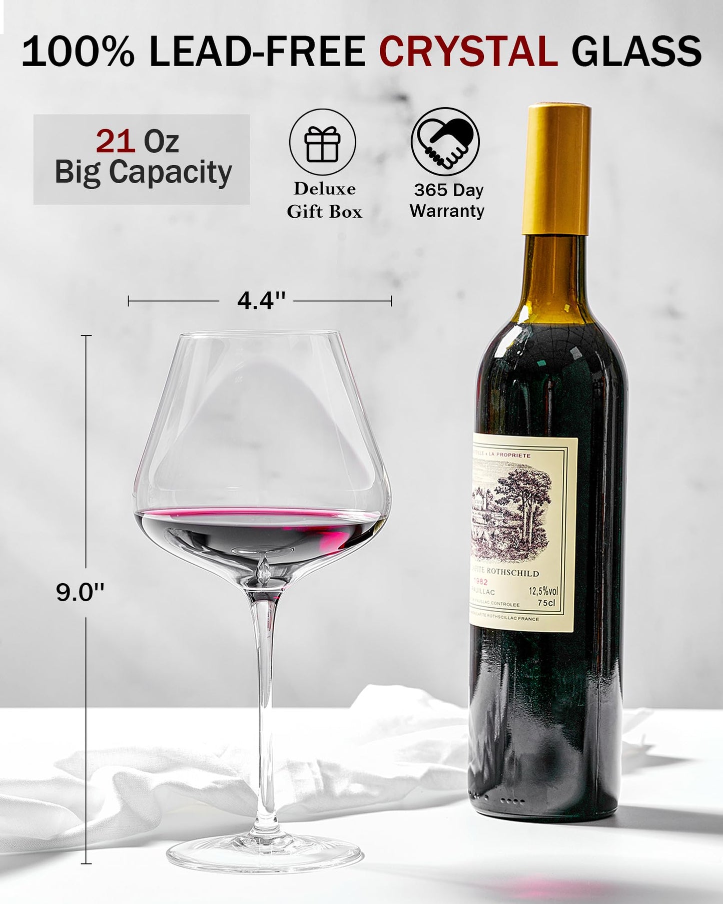 Hand Blown Italian Style Crystal Burgundy Wine Glasses - Lead-Free Premium Crystal Clear Glass - Set of 2-21 Ounce - Gift-Box for any Occasion