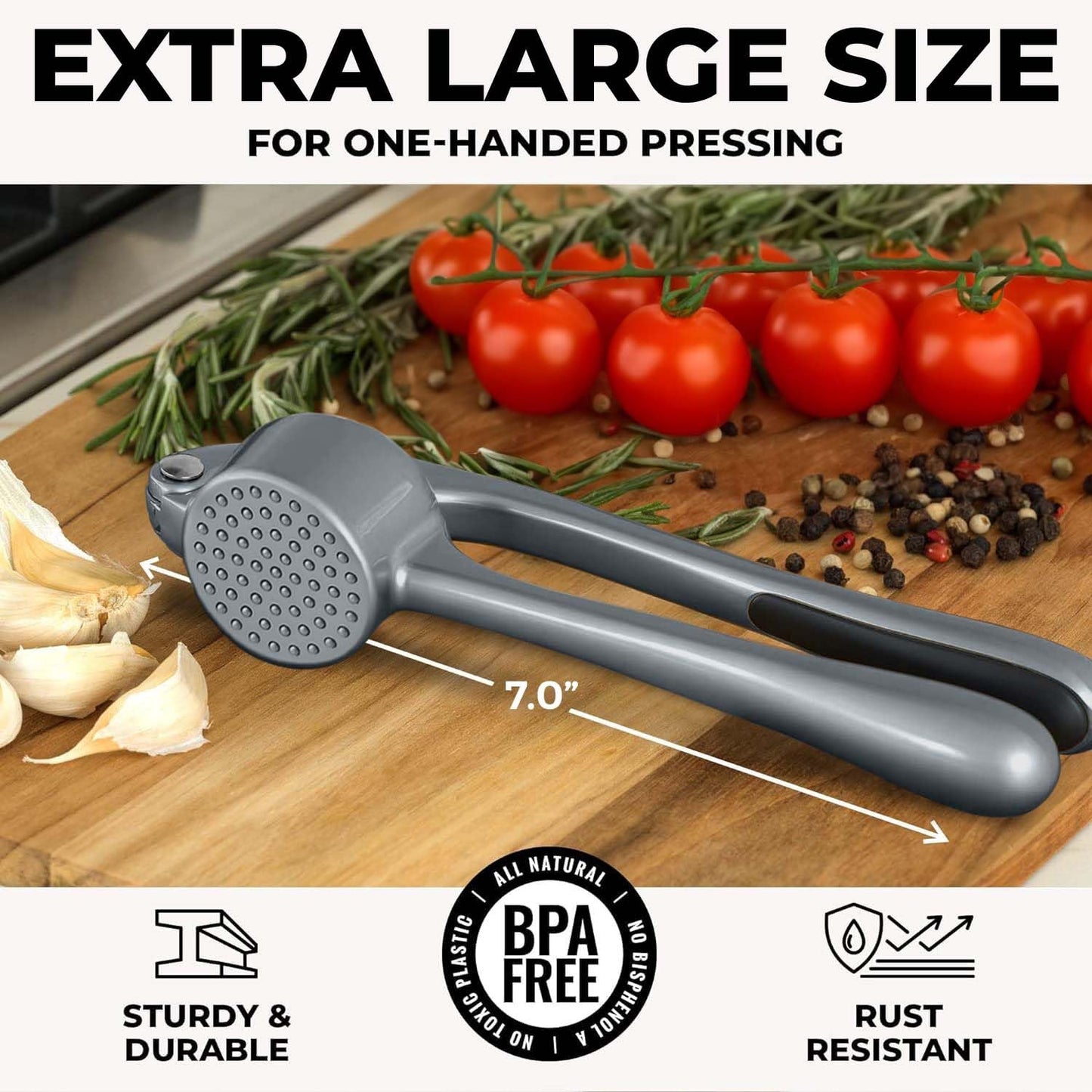 Zulay Kitchen Large Premium Garlic Press Set - Bigger Bowl for Bigger Garlic - Rust Proof & Dishwasher Safe Garlic Mincer Tool - Easy-Squeeze, Easy-Clean Silicone Garlic Peeler and Brush (Slate)