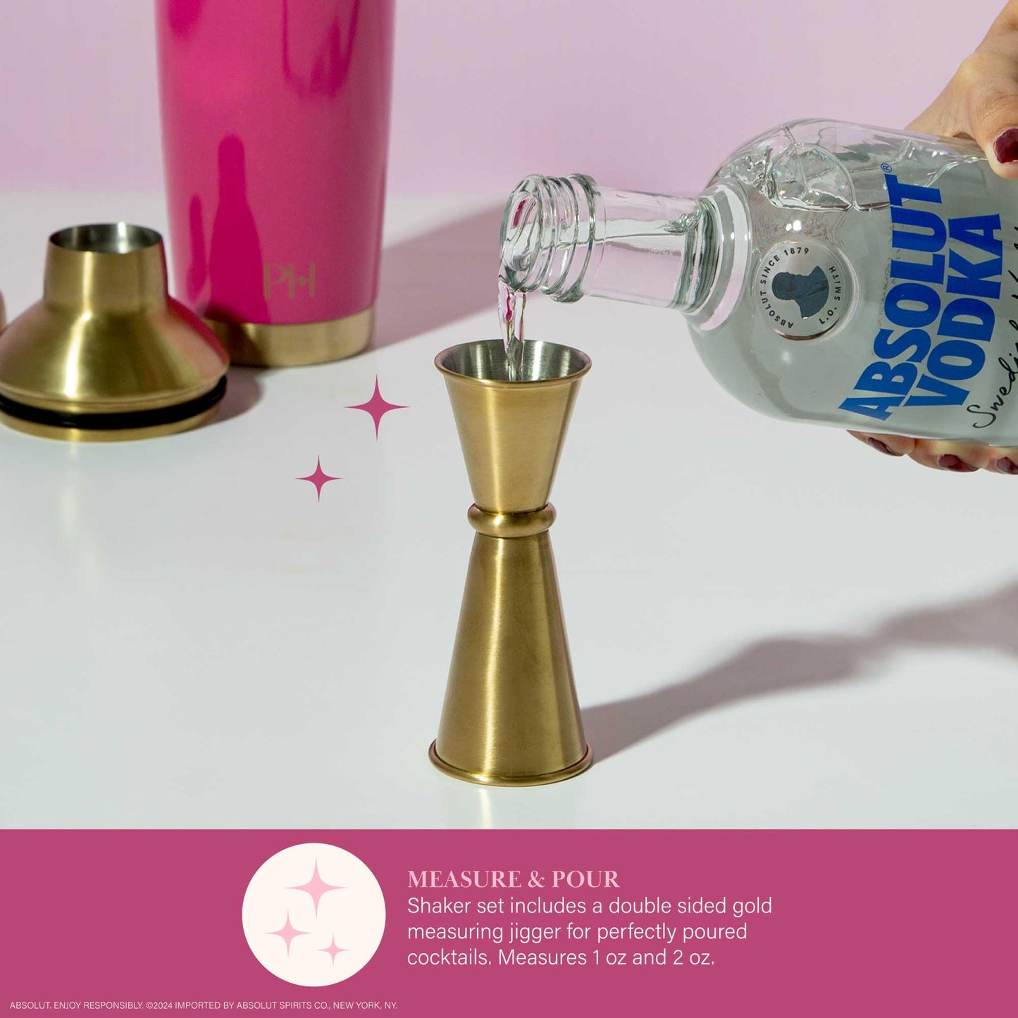 Paris Hilton 2-Piece Cocktail Shaker Set, Double Wall Insulated Stainless Steel Mixer with Built-In Strainer and Double-Sided Jigger, 20-Ounce, Gold and Hot Pink