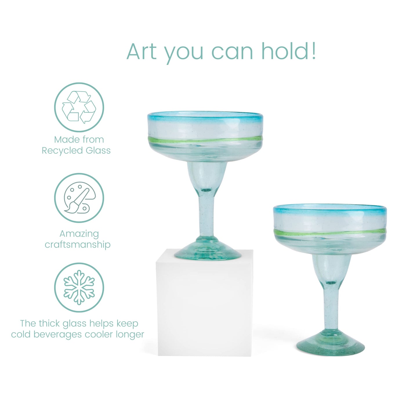 Mexican Glassware, Aqua Rims 16oz Margarita Glasses, Set of 2 Unique Hand Blown Glass, Handcrafted by Talented Artisans Thick & Sturdy Easy to hold