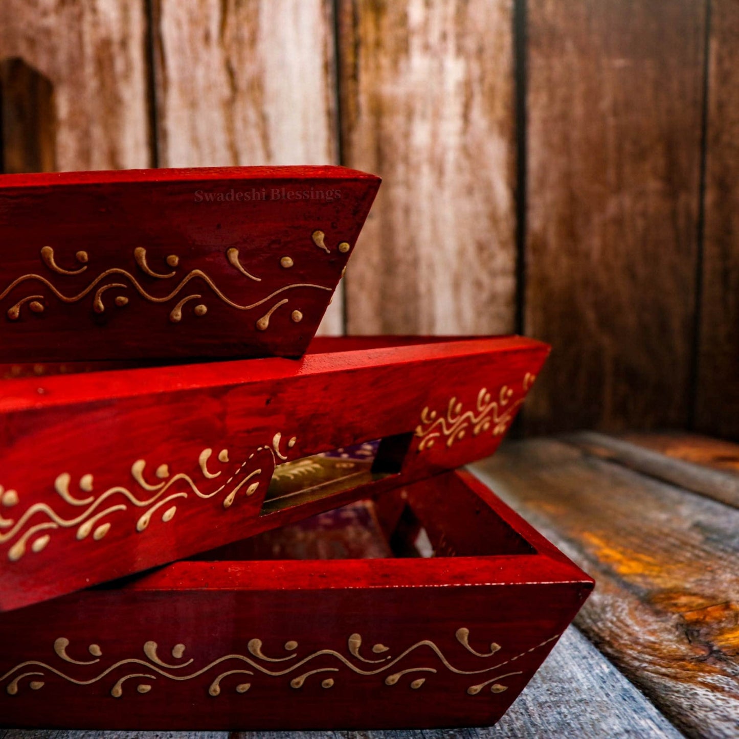 Swadeshi Blessings Handcrafted and Hand-Painted Embossed Wooden Serving Trays Set of 3 - for Kitchen/Table & Home Decor/Dinning/Gifts/Restaurants/Living Room/Coffee Table (AntiqueRed)