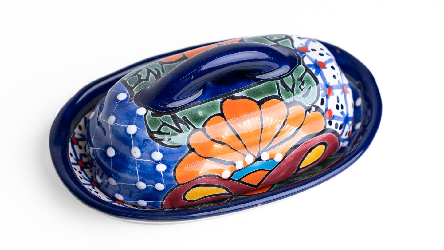 MEXTEQUIL - Butter Dish Ceramic Talavera with Lid Hand Painted Authentic Mexican Pottery Kitchen Floral Design (Blue)