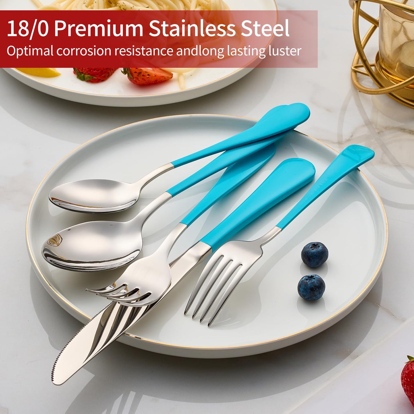 Bright Turquoise 20-Piece Silverware Set 18/0 Stainless Steel Flatware Blue Handle Cutlery Set Service for 4 Dinner Knives Forks Spoons Set Mirror Finish Dishwasher Safe