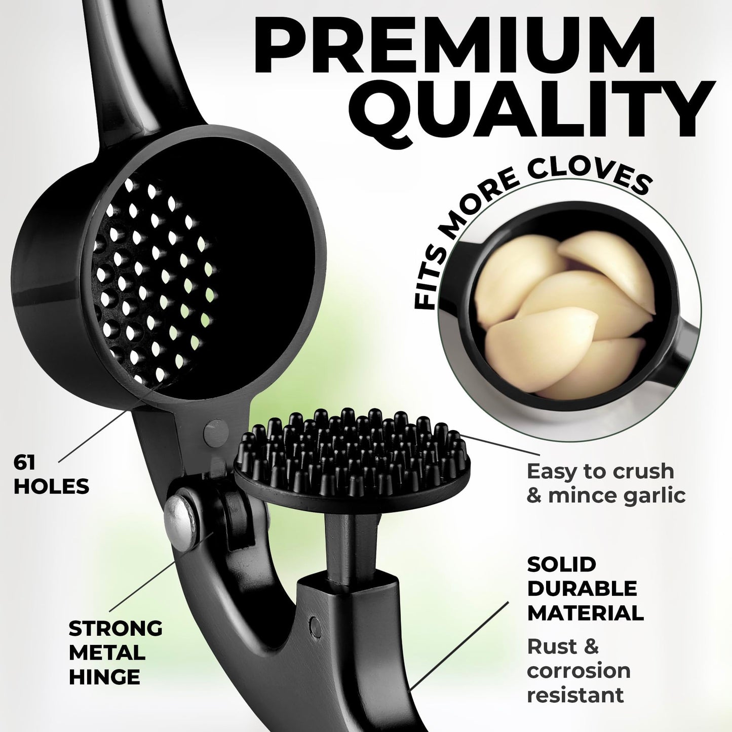 Zulay Kitchen Large Premium Garlic Press Set - Bigger Bowl for Bigger Garlic - Rust Proof and Dishwasher Safe Garlic Mincer Tool - Easy-Squeeze, Easy-Clean Silicone Garlic Peeler and Brush (Black)