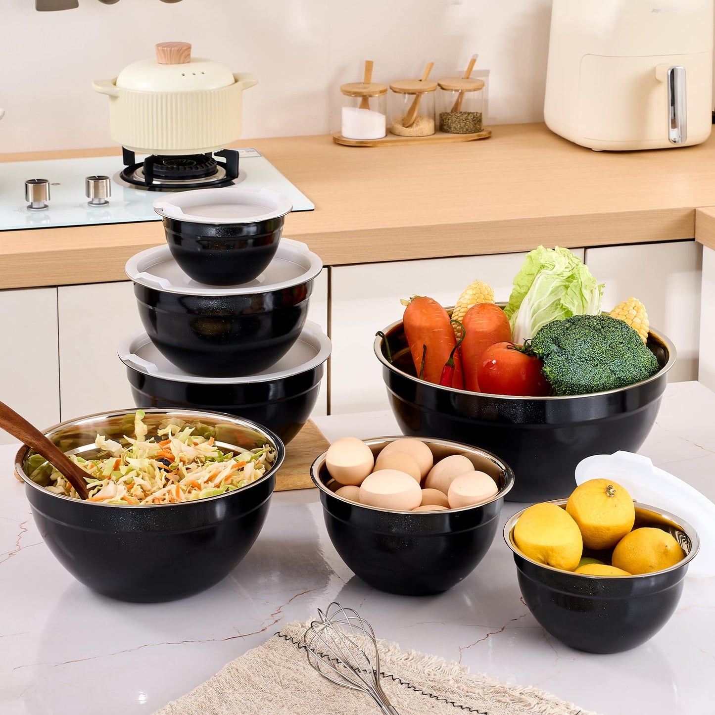 Moxinox Black Mixing Bowls with Airtight Lids, Stainless Steel Nesting Mixing Bowls Set of 7, Ideal for Baking, Prepping and Serving Food, Size 7, 3.6, 2.7, 2.1, 1.5, 1.1,0.8 QT, Stackable Design
