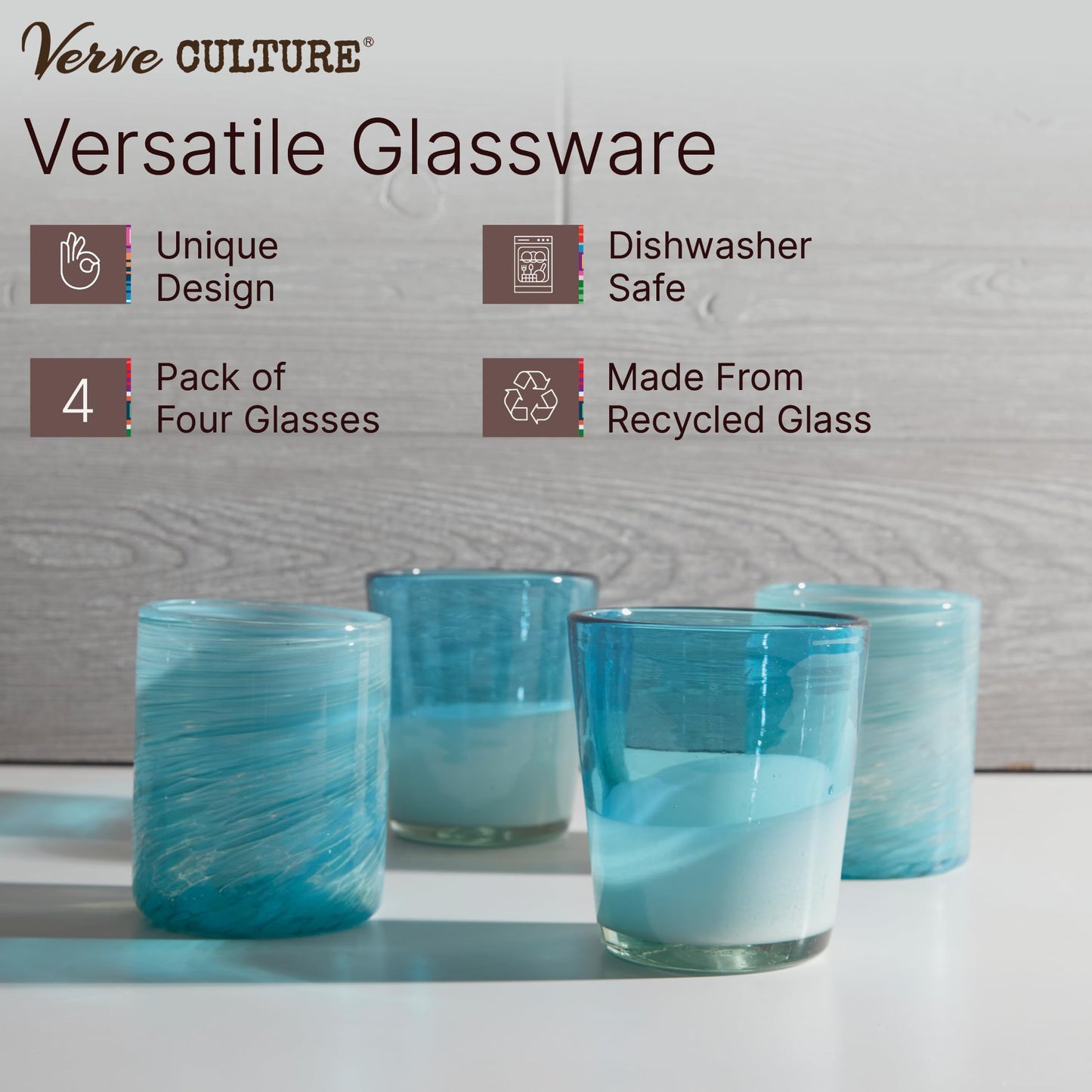 Verve CULTURE Hand Blown Drinking Glasses Set of 4 Aqua Water Glasses | Authentic Mexican Glassware | 13 oz Capacity