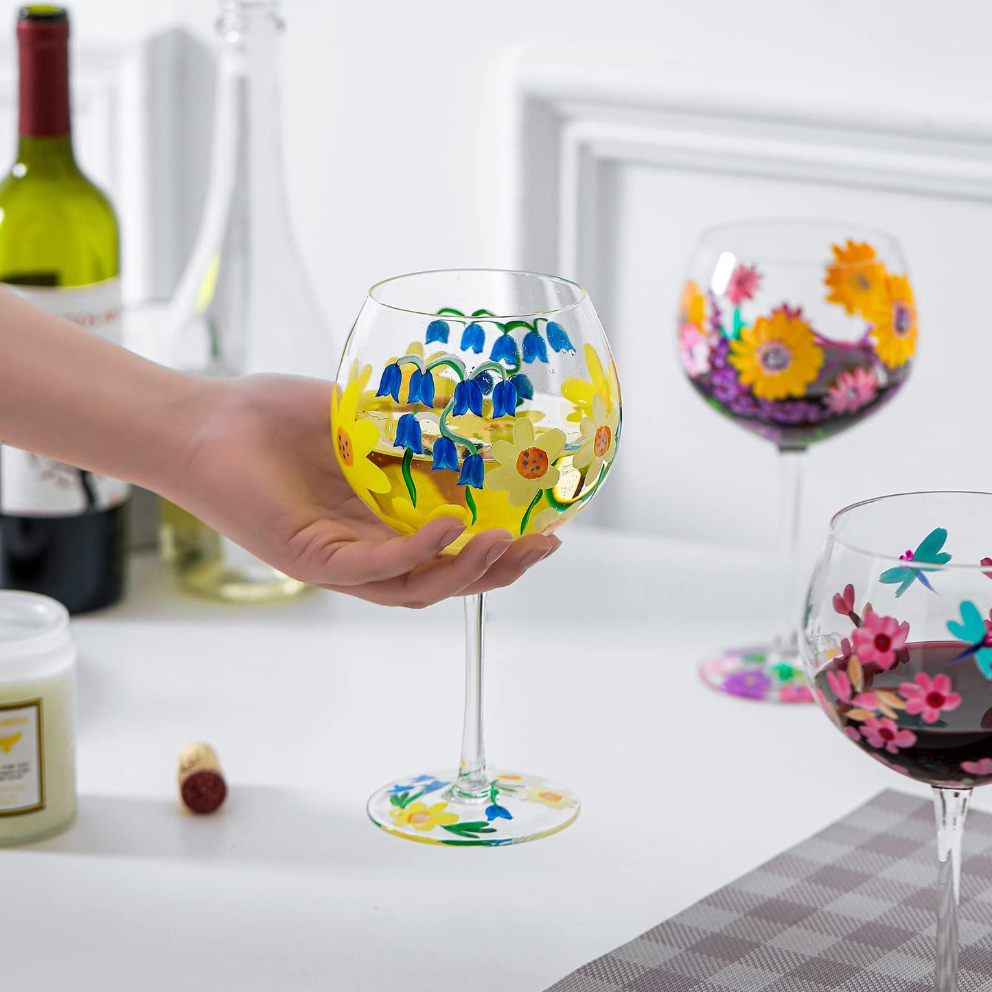 Hand-Painted Wine Glass Pink Flower Dragonflies Artisan Painted 20 Oz. Personalized Gift Idea