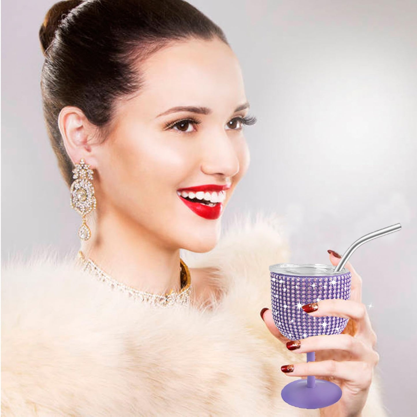INSTOME Rhinestone Stainless Steel Wine Glasses,4oz Bling Stemmed Stainless Steel Wine Tumbler with Lid and Straw for Camping,Picnics,Travel,Birthday Gifts for Family (purple, 4oz)