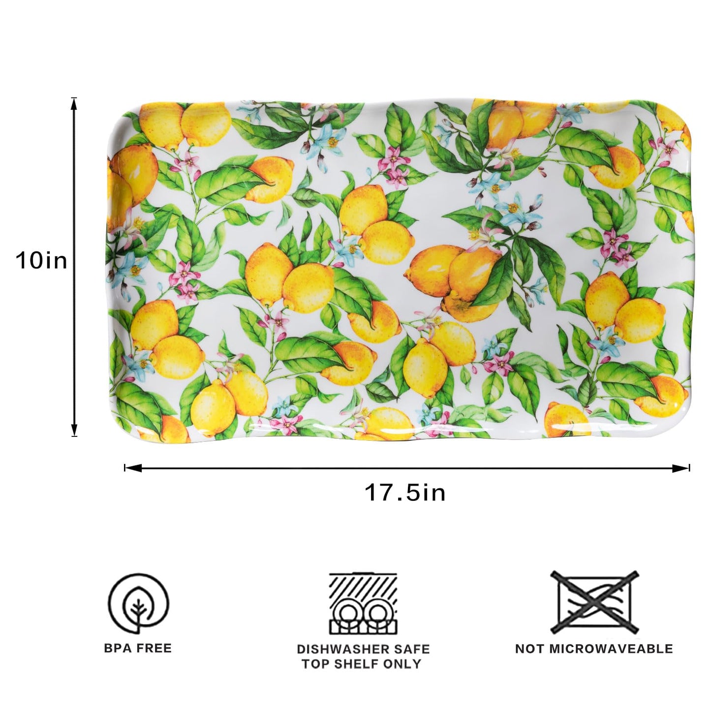 Lemon Print Large, Rectangular Melamine Tray/Platters, Set of 2, 17.5" x 10", 2-Piece Melamine Platters Serving Set, Dishwasher Safe