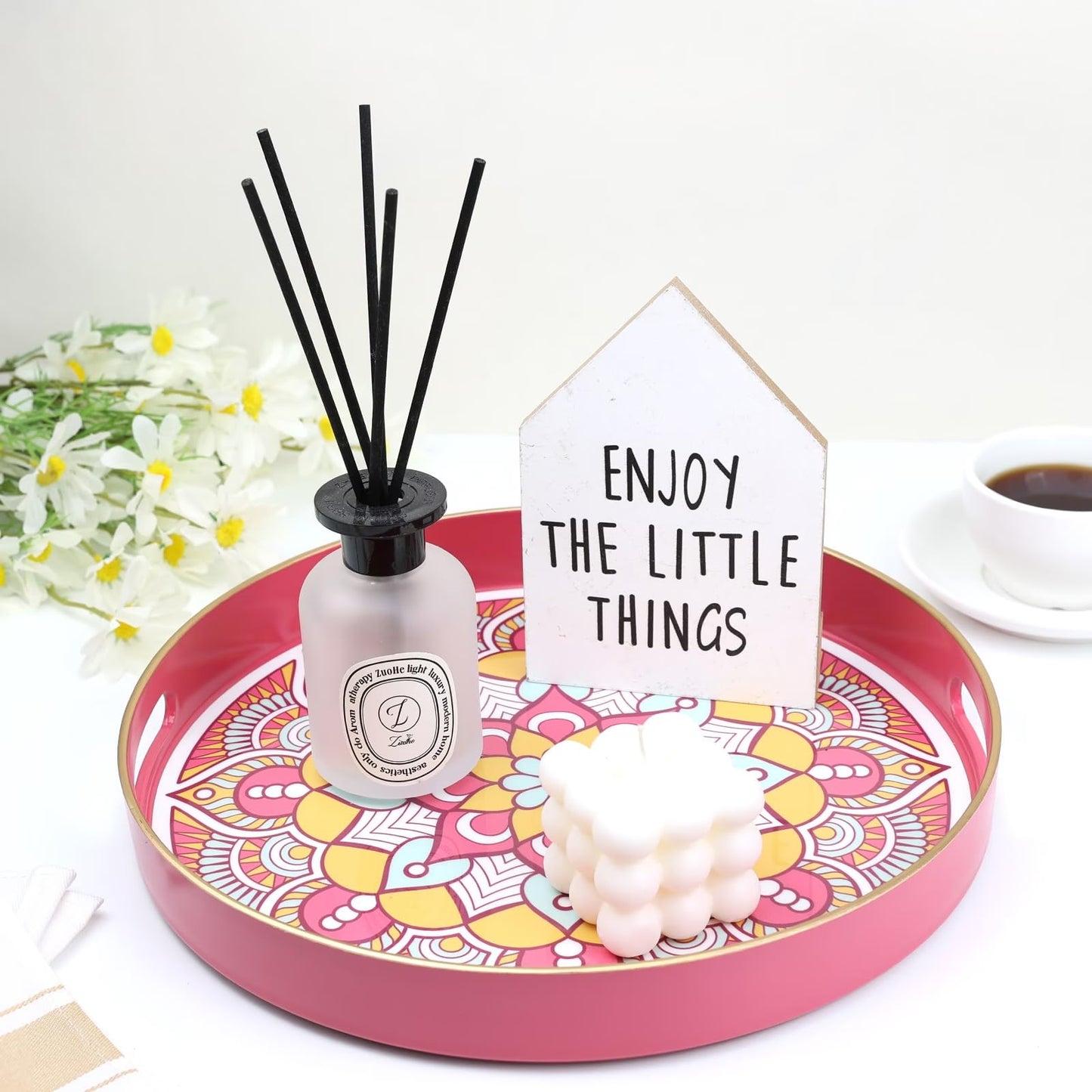 Round Pink Decorative Tray for Coffee Table, Ottoman, 13” Plastic Serving Platter Tray with Handles for Entertaining, Living Room