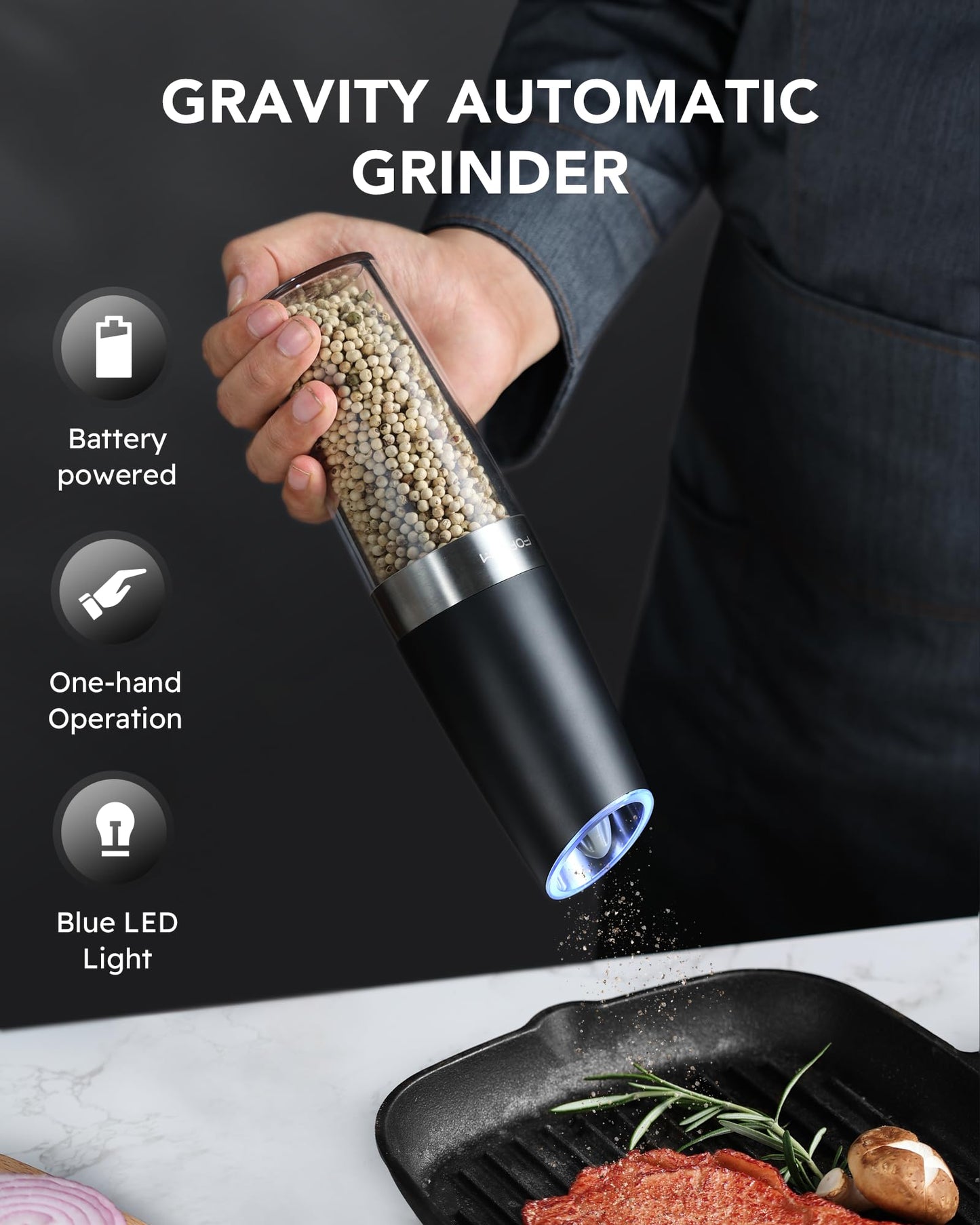 Electric Salt and Pepper Grinder Set, Upgraded 9 Oz. Capacity Refillable Battery-Operated Automatic Salt and Pepper Grinder Shakers Mill, Adjustable Coarseness One-Hand Operation (Black & White)