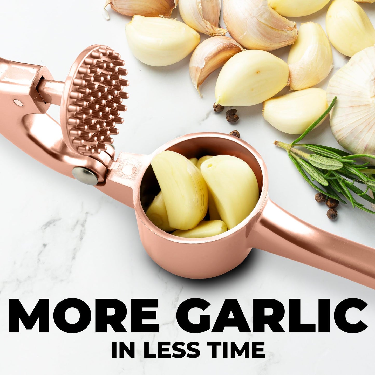 Zulay Kitchen Large Premium Garlic Press Set - Bigger Bowl for Bigger Garlic - Rust Proof and Dishwasher Safe Garlic Mincer Tool - Easy-Squeeze, Easy-Clean Silicone Garlic Peeler and Brush (Rose Gold)