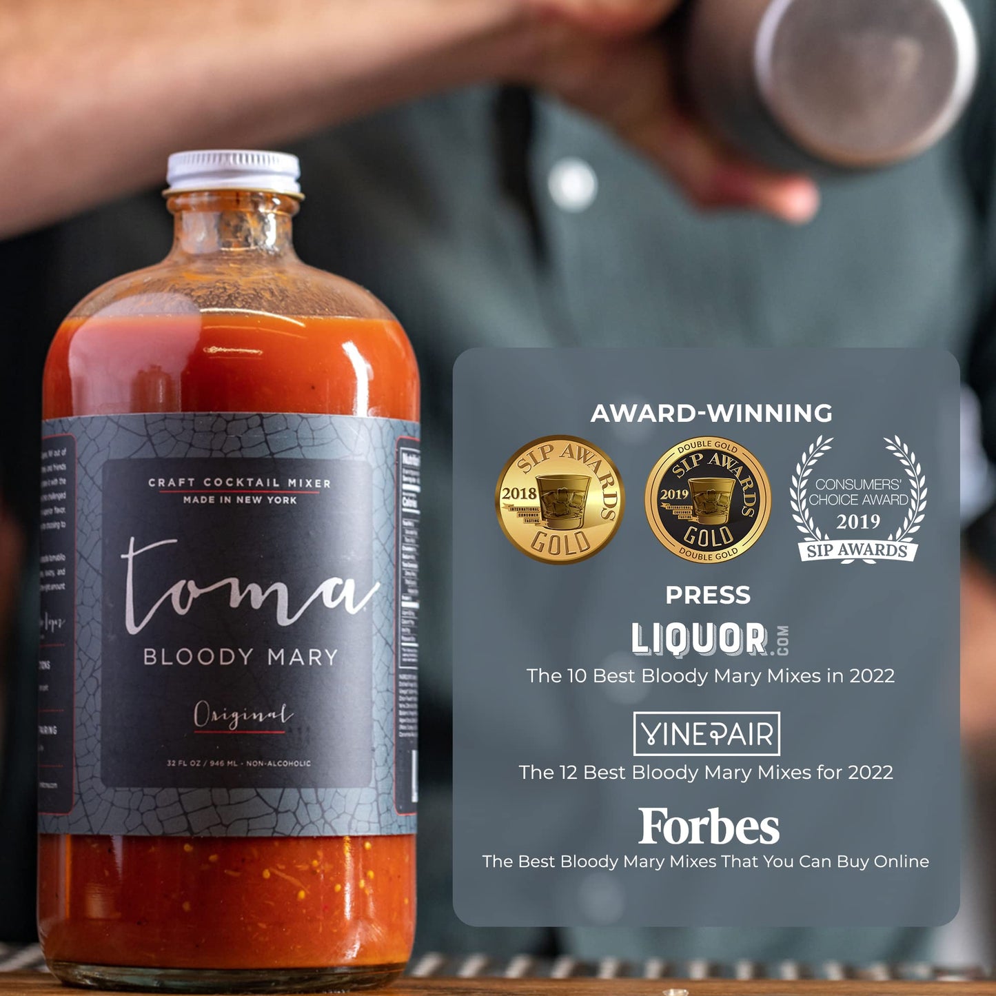 Toma Bloody Mary Craft Cocktail Mixer - Variety Pack - ORIGINAL (Spicy) & HORSERADISH (Medium) - Non-Alcoholic Mixer - Vegan - Gluten Free - Low Sodium - No MSG - No Added Preservatives - No Corn Syrup - 32 Oz. (2 Pack)