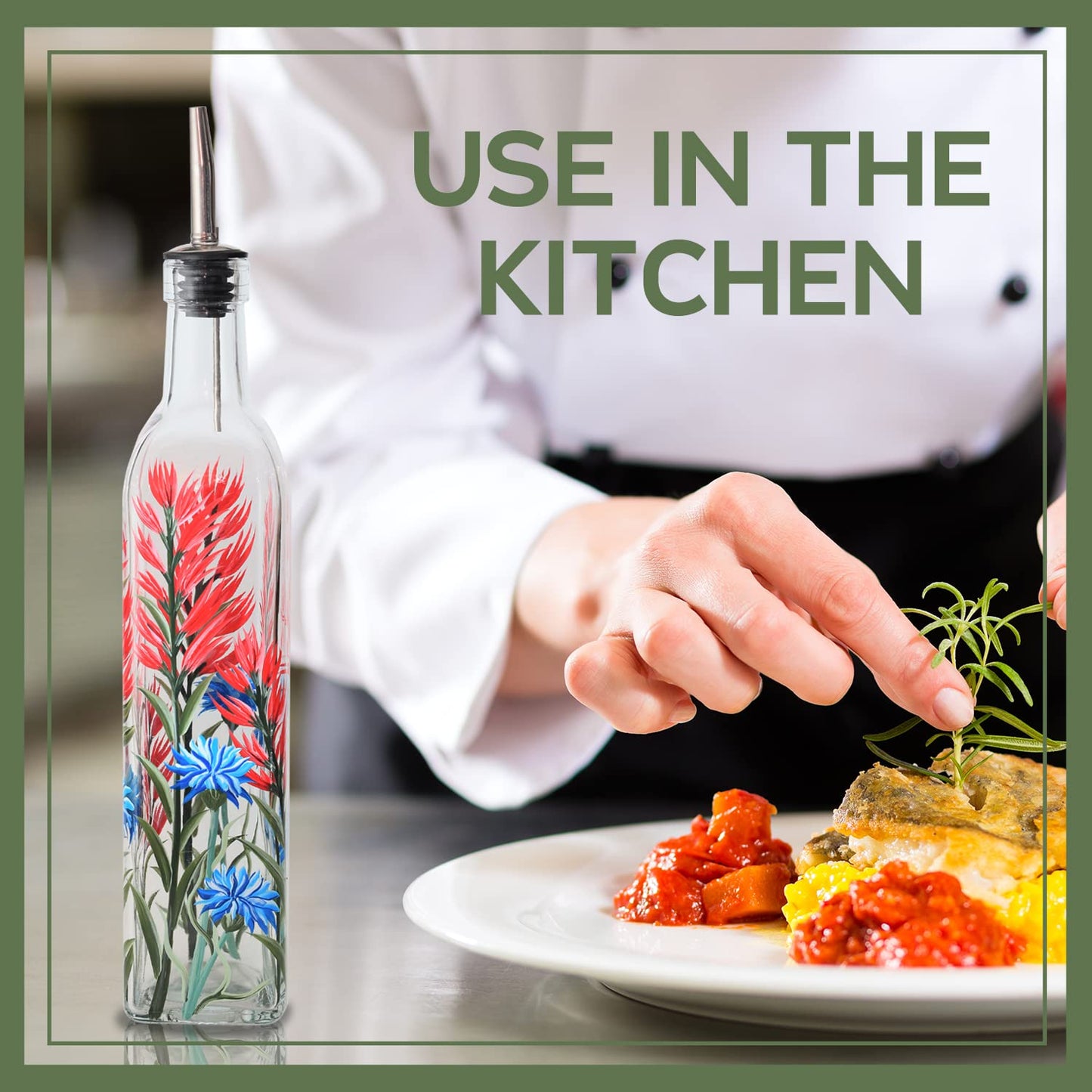 YIYUKODO 17oz Hand Painted Glass Olive Oil Bottle - 500ml Green Oil & Vinegar Cruet with Pourers - Olive Oil Carafe Decanter for Kitchen (Red and blue flower)