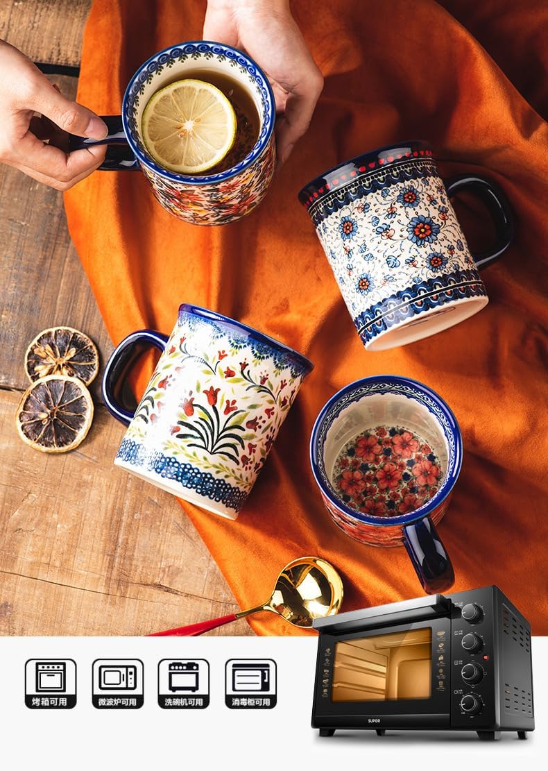 Generic Pottery Coffee Mug Set,14oz, Hand Painted Ceramic Tea Cups with Unique Design for Hot or Cold Drinks (Exotic daisy), convention, Blue