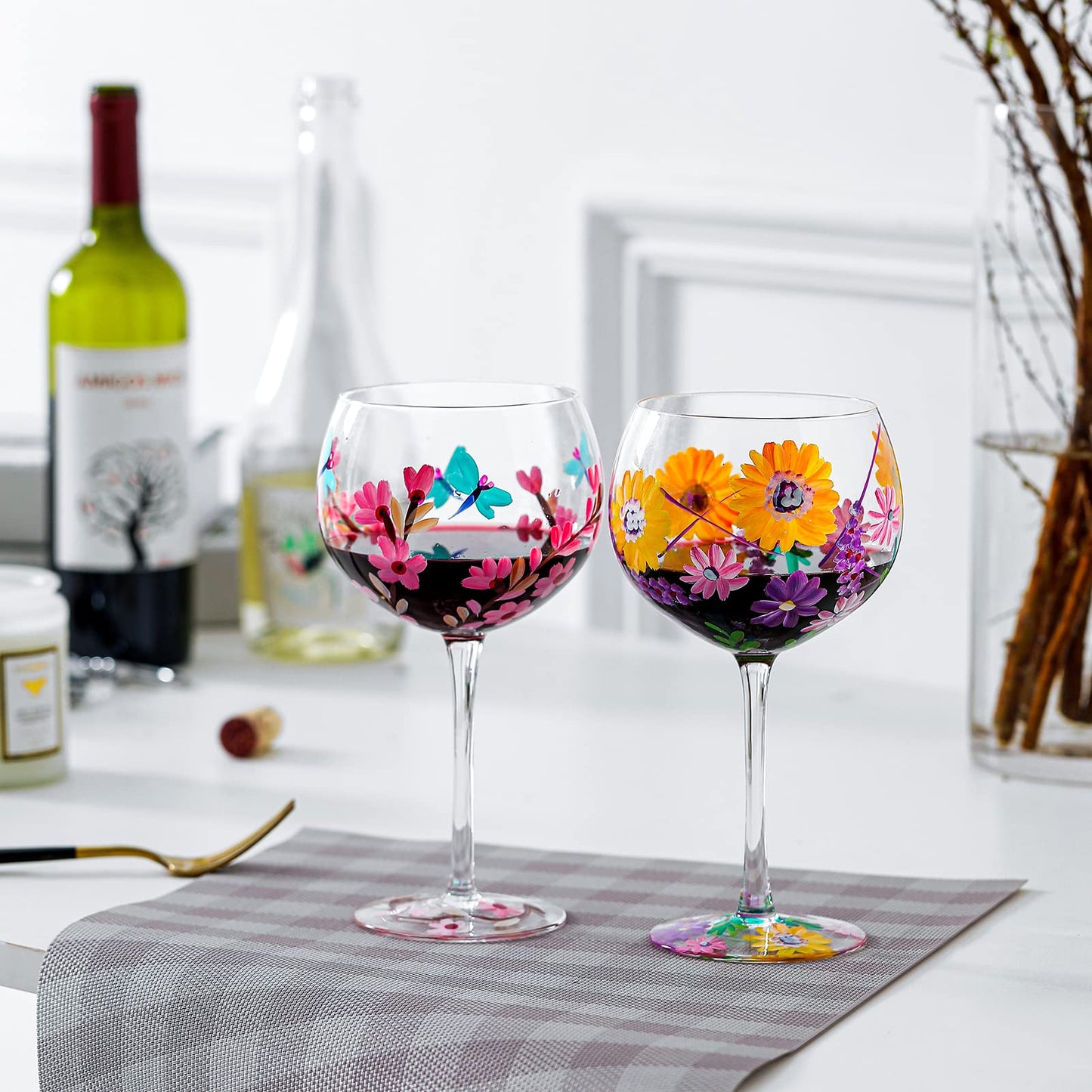 Hand-Painted Wine Glass 20 Oz. Purple Yellow Lavender Flowers Artisan Painted Personalised Gift Idea