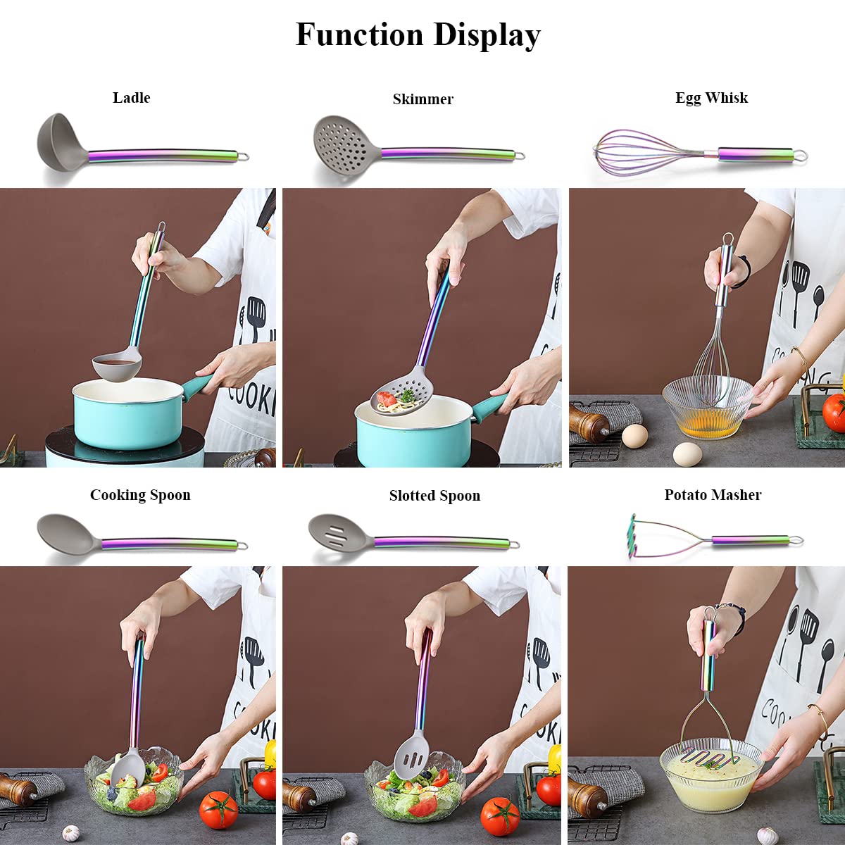 Rainbow 38-Piece Silicone Kitchen Cooking Utensils Set with Utensil Crocks, Silicone Head and Stainless Steel Handle Cookware, Kitchen Tools for Utensil Set, Non-Stick Kitchen Gadgets, Dishwasher Safe (Rainbow)