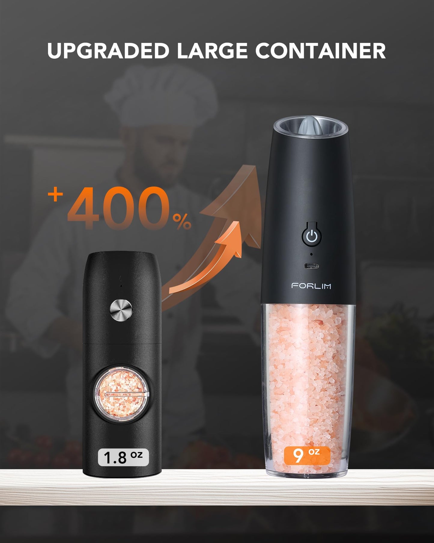 Gravity Electric Salt and Pepper Grinder Set, USB Rechargeable 9 Oz. Large Capacity, Automatic Salt Mill Set, One-Click Grinding One-Hand Operated Adjustable Coarseness Pepper Mill (Black)