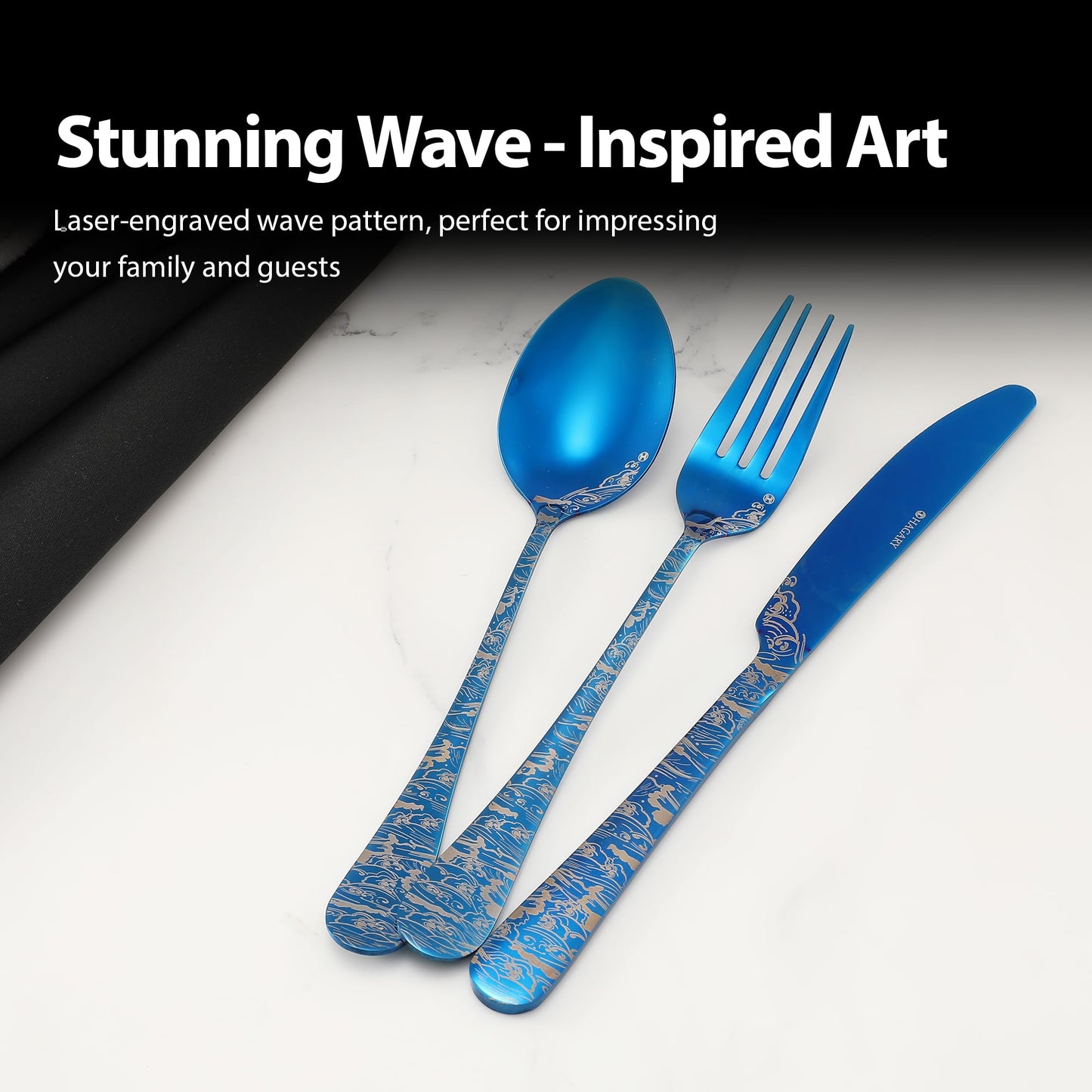 Blue Wave Cutlery Set - 20 Pieces of Stainless Steel Flatware Set Service for 4 Utensils For Home Kitchen Wedding Laser Engraved Dishwasher Safe All Blue