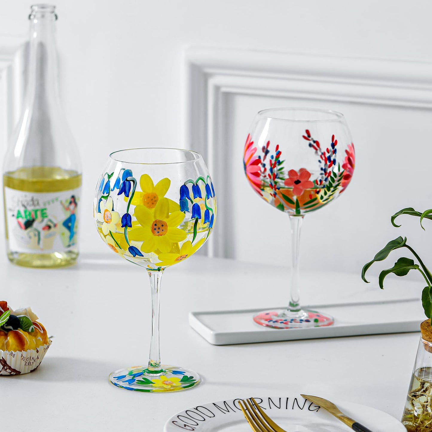Hand-Painted Wine Glasses, Colorful Watercolor Flowers Artisan Painted, 20 Oz. Mixed Set of 4 Personalized Artisan Painted Different Flowers