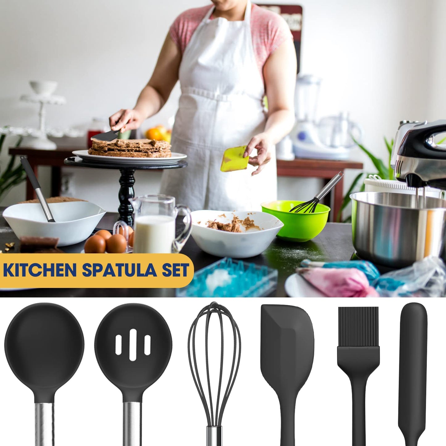 Black 24-Piece Silicone Cooking Utensil Set, Fungun Non-stick Kitchen Utensil 24 Pcs Cooking Utensils Set, Heat Resistant Cookware, Silicone Kitchen Tools Gift with Stainless Steel Handle (Black-24pcs)