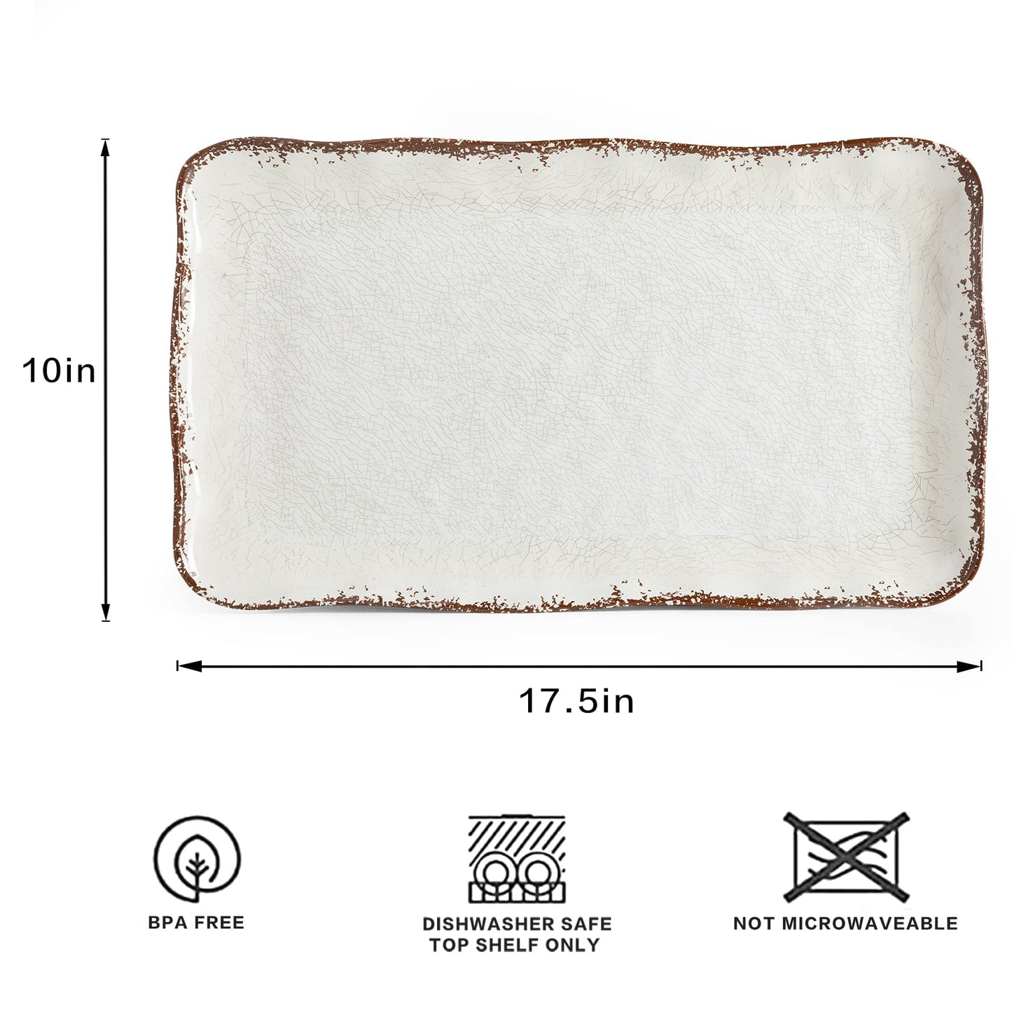 White Rustic Large Farmhouse Serving Platters, 2 Piece Melamine Dinnerware Set, 17.5 x 10 Inches Vintage Serving Tray, Rectangle White Rustic Trays Set of 2