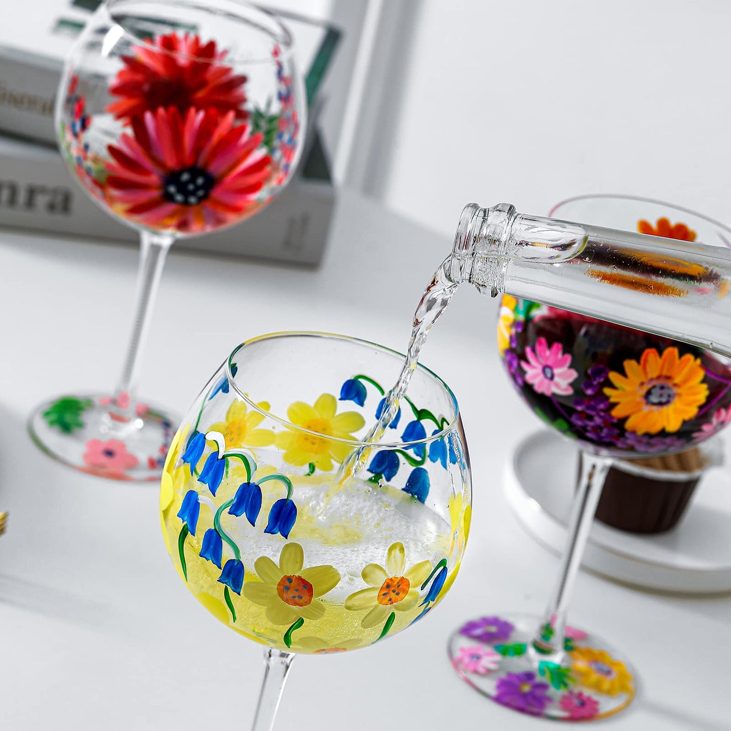 Hand-Painted Wine Glass 20 Oz. Purple Yellow Lavender Flowers Artisan Painted Personalised Gift Idea