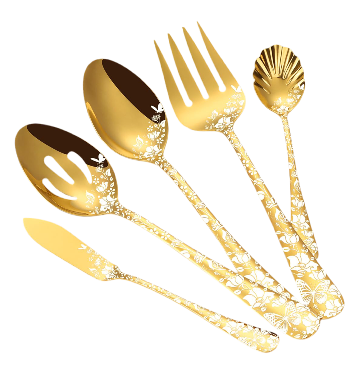 Stapava 53-Piece Gold Silverware Set with Serving Utensils, Stainless Steel Gold Flatware Cutlery Set, Mirror Eating Utensils Tableware with Butterfly Flower Laser, Dishwasher Safe