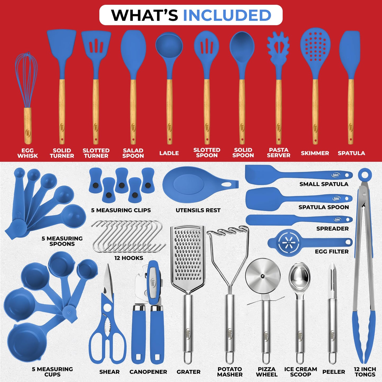 Blue 50-Piece Silicone Kitchen Utensils Set - Mothers's Day Gifts for Mom Wife Complete Kitchen Set 800°F Heat-Resistant Non-Stick Premium Silicone Cooking Utensils W Wooden Handles Gifts For Mothers