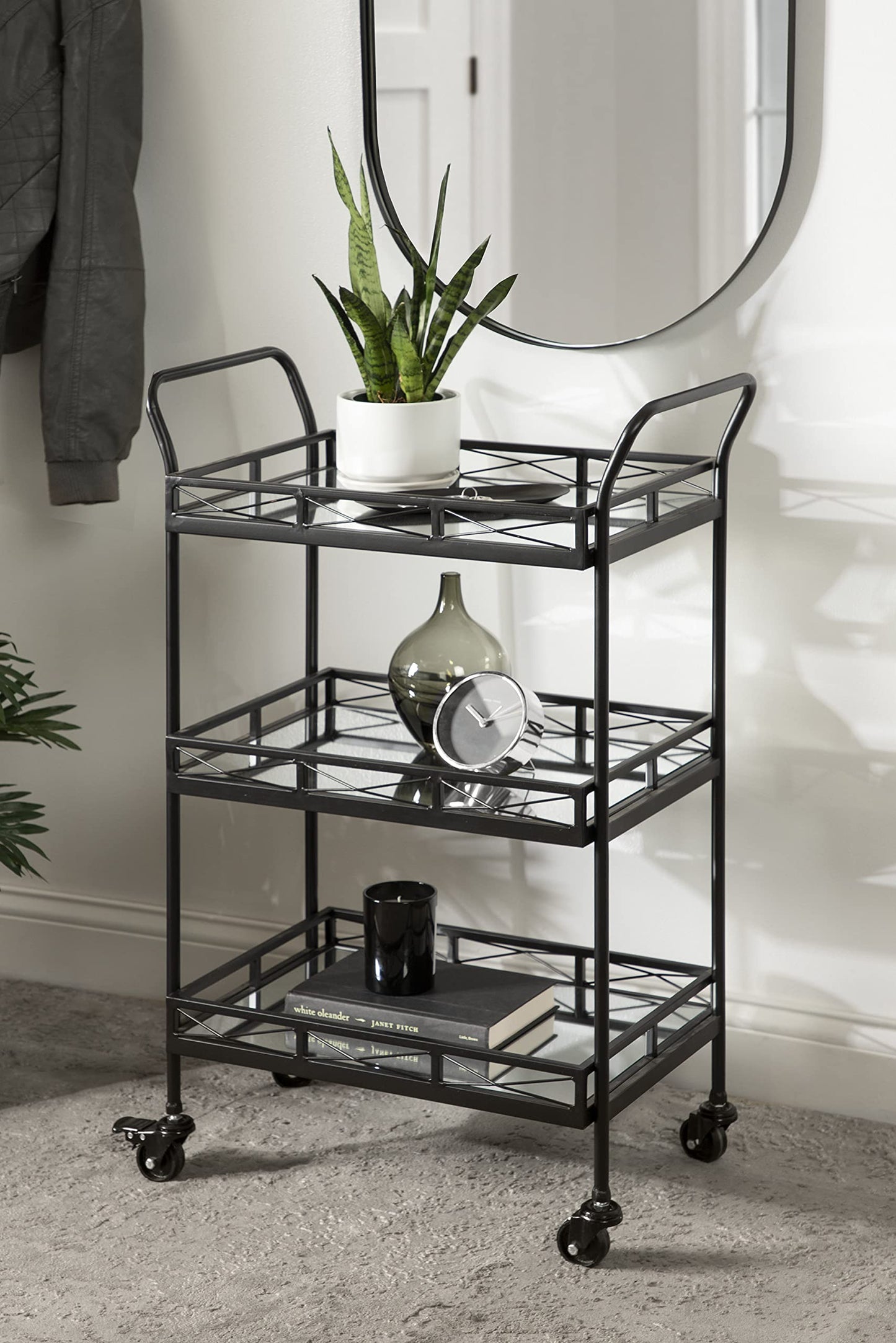 Kate and Laurel Ketia Modern Metal Bar Cart, 23 x 13 x 34, Black, Glamorous Three Tier Bar Cart for Display and Storage