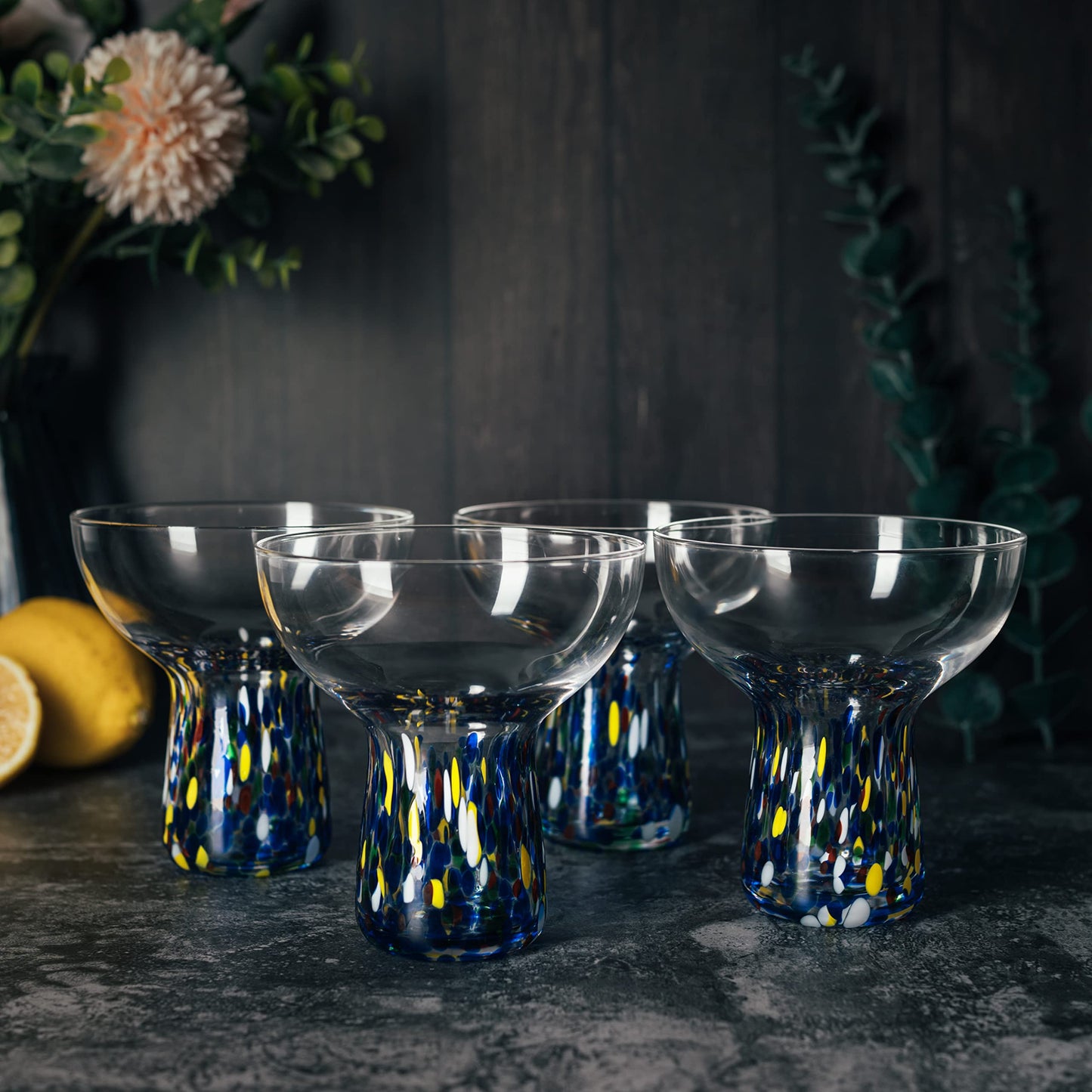 Margarita Glasses – Set of 4 - Luxury Hand Blown Confetti Margaritas, Cocktails, Water, Wine, Dessert, Martini & Champagne Cinco de Mayo, Hand Blown - Mexican Confetti Design Glass, Party, Home & Bar