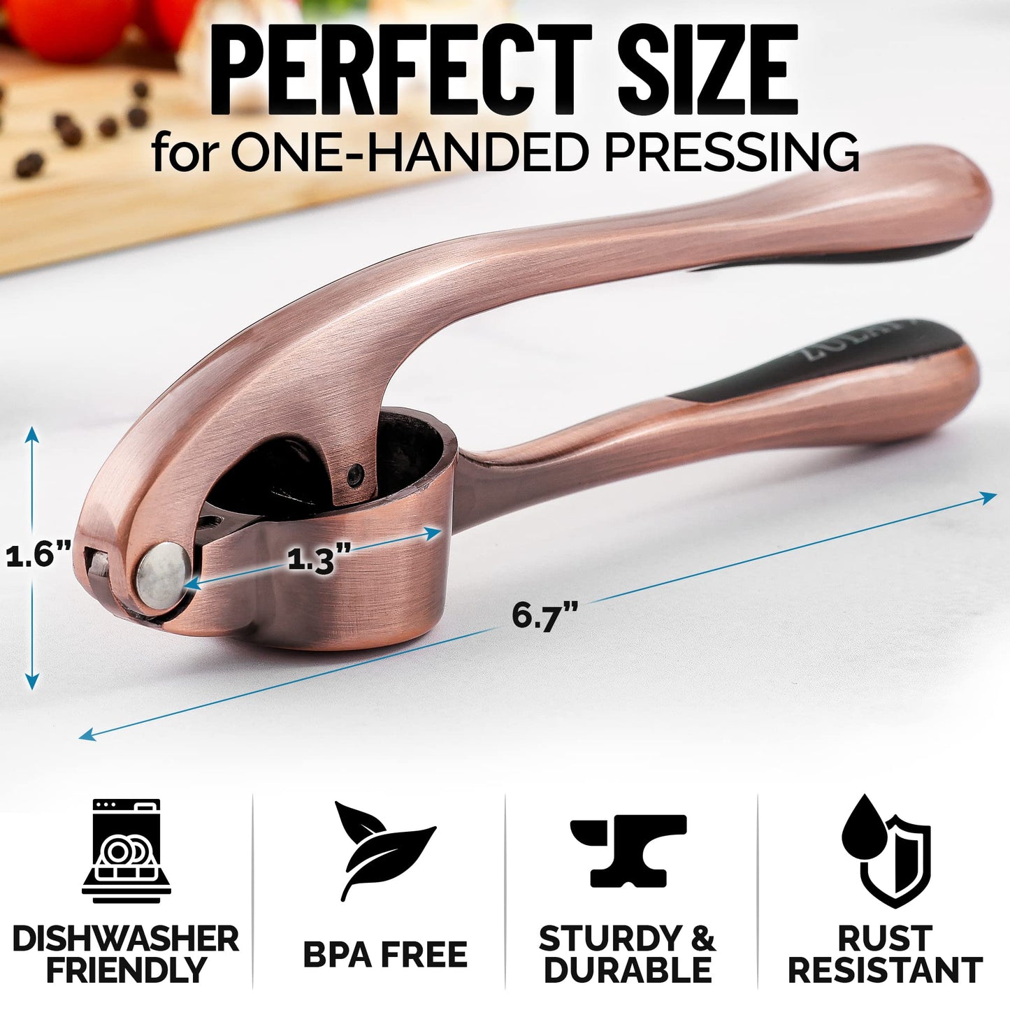 Zulay Kitchen Premium Garlic Press Set - Rust Proof and Dishwasher Safe Professional Garlic Mincer Tool - Easy-Squeeze, Easy-Clean with Soft, Ergonomic Handle - Silicone Garlic Peeler and Brush (Copper)