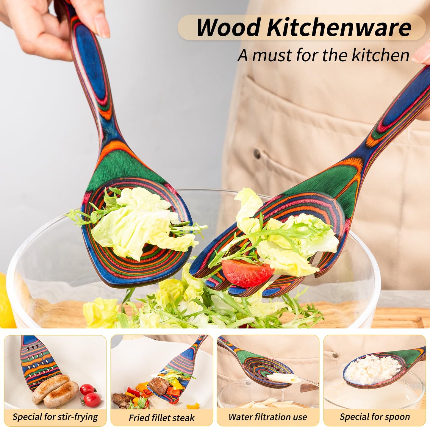 Gudamaye Pakkawood 7-Piece Wooden Cooking Utensils, Wooden Spoons for cooking, Wooden Utensil set,Pakkawood kitchen Utensils for Cooking, Non-Stick Spoon, Household Essentials, Heat-Resistant Spoons