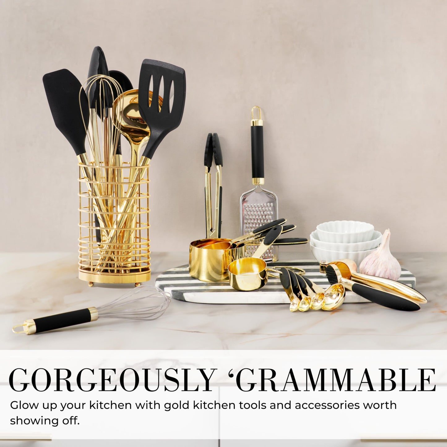 Styled Settings Black and Gold Cooking Utensils Set - 7-Piece Silicone Utensils Set Include Spatula Holder for Nonstick Cookware and Modern Kitchens - Stylish Black and Gold Kitchen Accessories