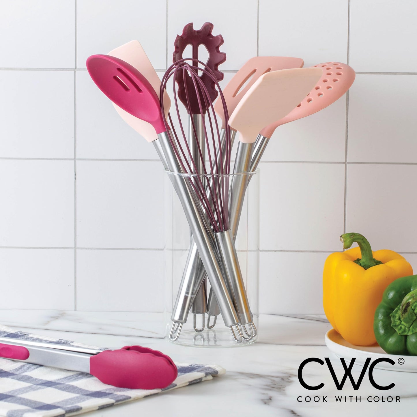 Rose COOK WITH COLOR Silicone Cooking Utensils, Kitchen Utensil Set, Easy to Clean Silicone Kitchen Utensils, Cooking Utensils for Nonstick Cookware, Kitchen Gadgets Set, 10 Pieces, Rose