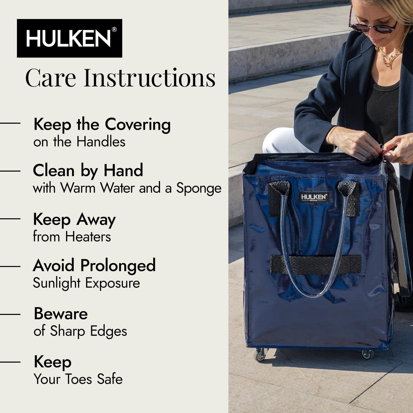 HULKEN - (Medium, Midnight Blue Reusable Grocery Bag On Wheels, Shopping Trolley, Rolling Tote, Zipper Closure, Lightweight, Carries Up to 66 lb, Folds Flat, Unbreakable Handles
