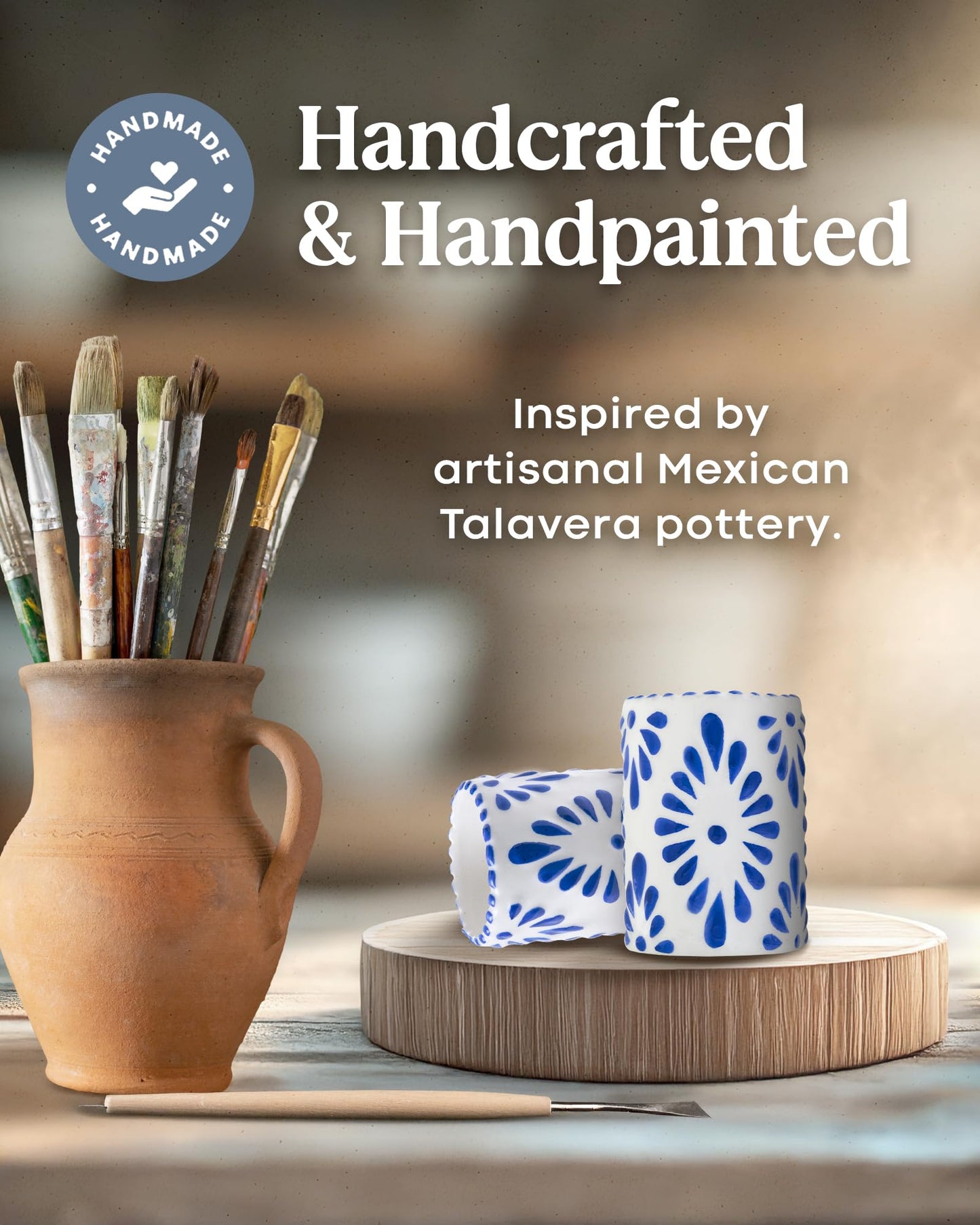 MEZCASA Talavera Shot Glasses — 100% Handmade Ceramic Tequila Shot Glasses with Talavera Mexican Pottery Design — Perfect Tequila Gifts for Women & Men for Any Occasion (BLUE | SET OF 4)