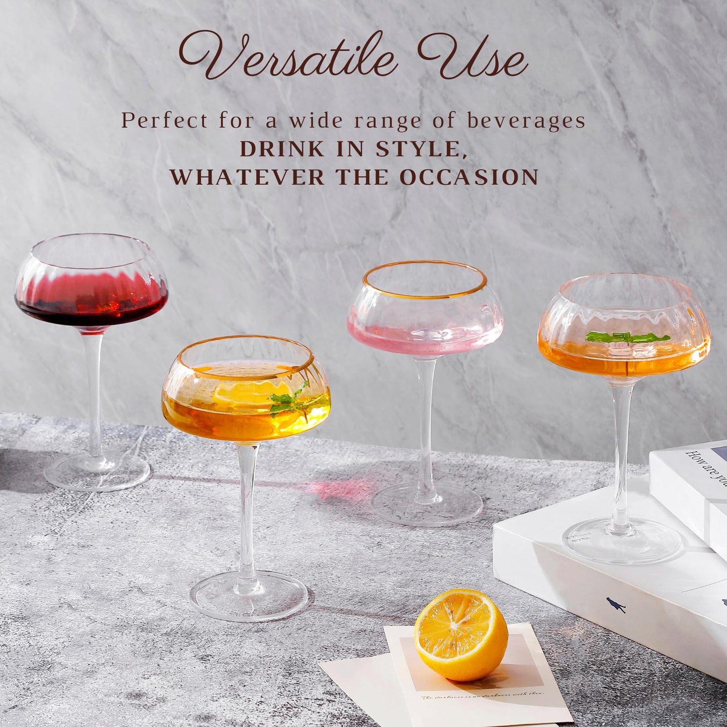Lysenn Coupe Glasses Set of 4 - Premium Hand Blown Martini Glasses - Perfect for Cocktail and Champagne – 8.45 oz, Gold Rim