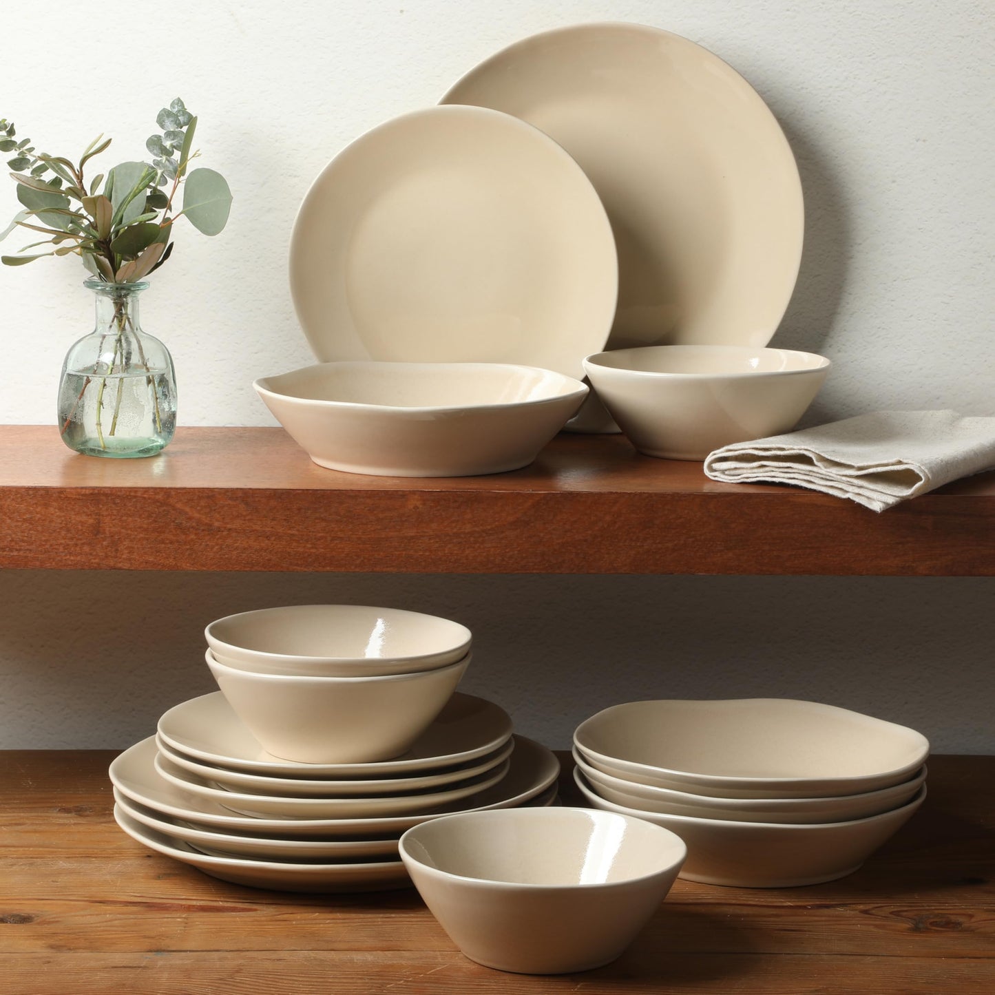 Bloomhouse - Oprah's Favorite Things - Montecito Breeze 16 Piece (Service for 4) Double Plates and Bowls Stoneware Reactive Glaze Dinnerware Set - Marble Dawn Cream