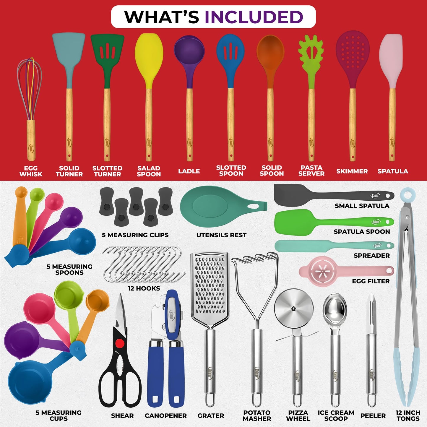 Colorful Medley 50-Piece Silicone Kitchen Utensils Set - Mothers's Day Gifts for Gourmet Mavens Everywhere - Complete Kitchen Set 800°F Heat-Resistant Non-Stick Premium Silicone Cooking Utensils W Wooden Handles Gifts for Mothers